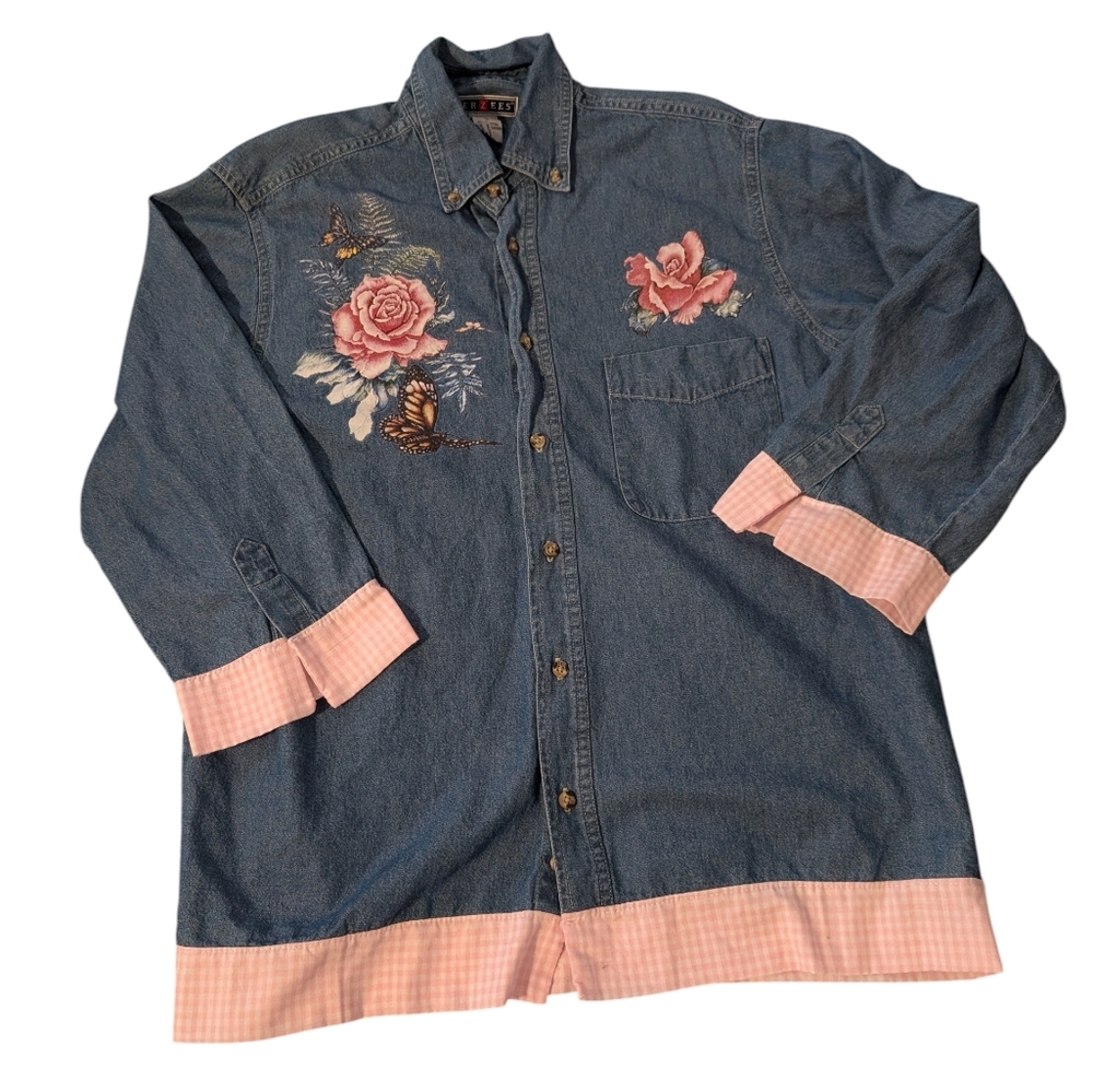 Y2K Women's Vintage Cotton Denim Shirt Butterfly Floral Artwork‎ Design Medium